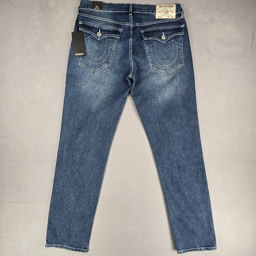 True Religion Geno SN Flap Jeans Mens 34x31 Blue Relaxed Slim Dark Stretch Denim